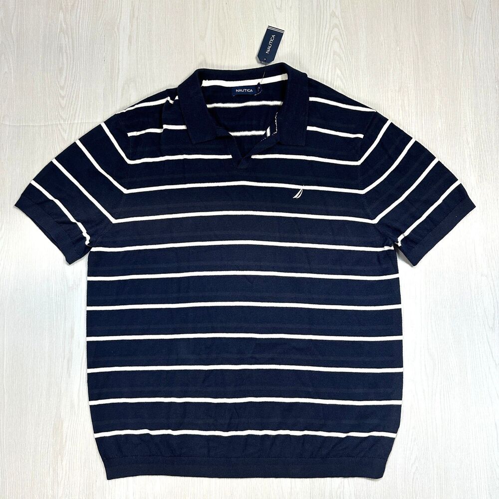 Nautica Mens XXL Short Sleeve Navy White Striped Collared Casual Polo Shirt NWT